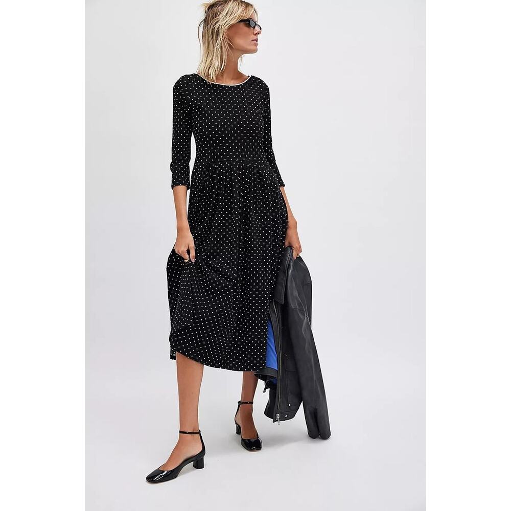 New FREE PEOPLE Two Timin Midi Dress $168 X-SMALL B&W Polka Dot SCOOP BACK
